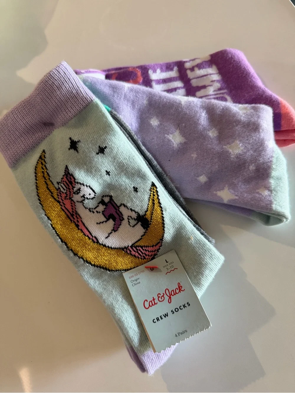 brand new 4-pack Cat & Jack Unicorn on Moon Crew Socks - Purple, Gold, Mint